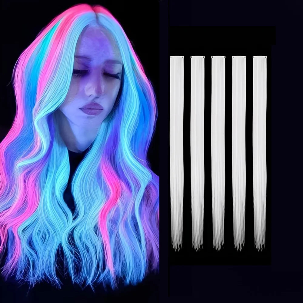 Bright clip-in hair extension strands with illuminated styling examples
