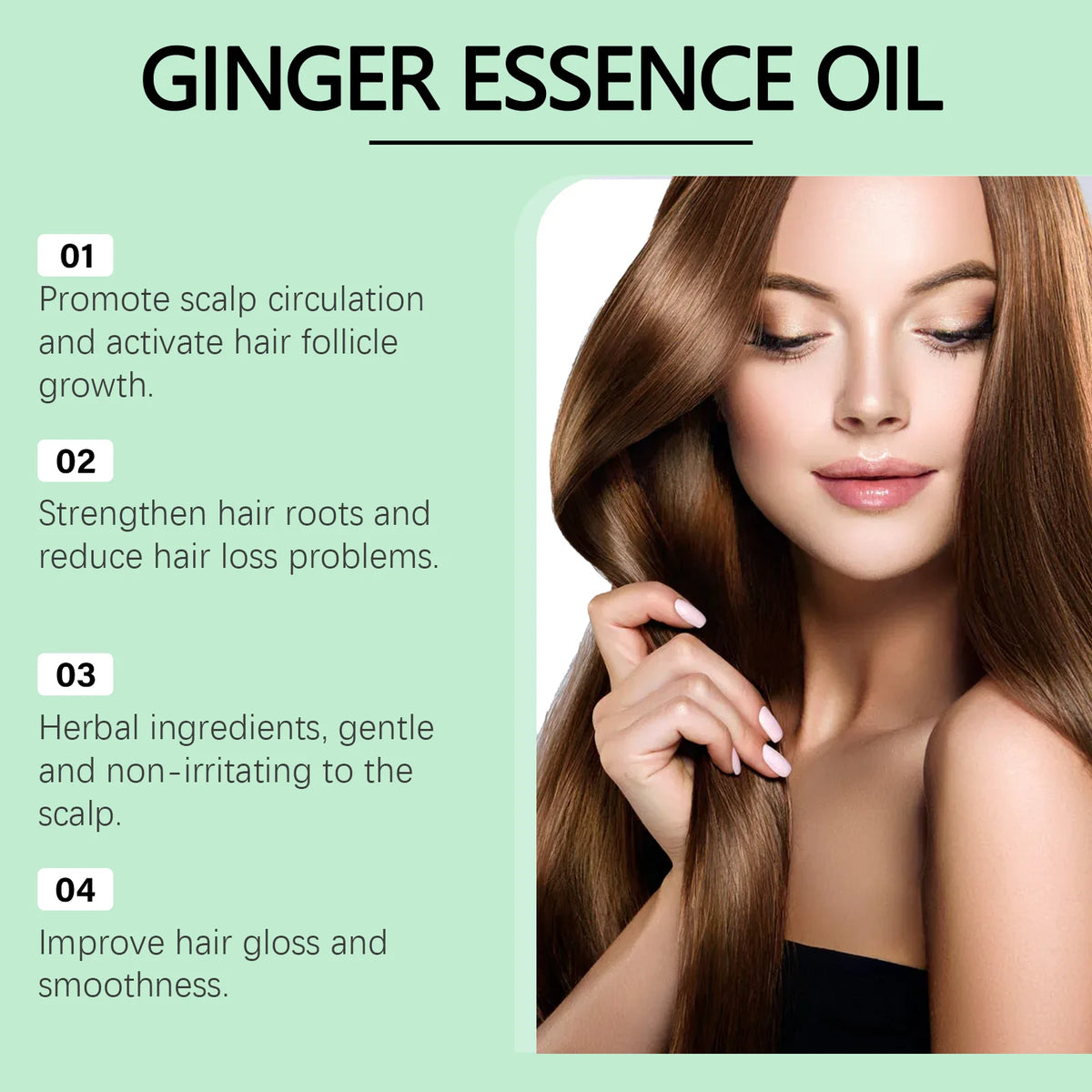 Ginger hair oil with hair care and ingredient graphics