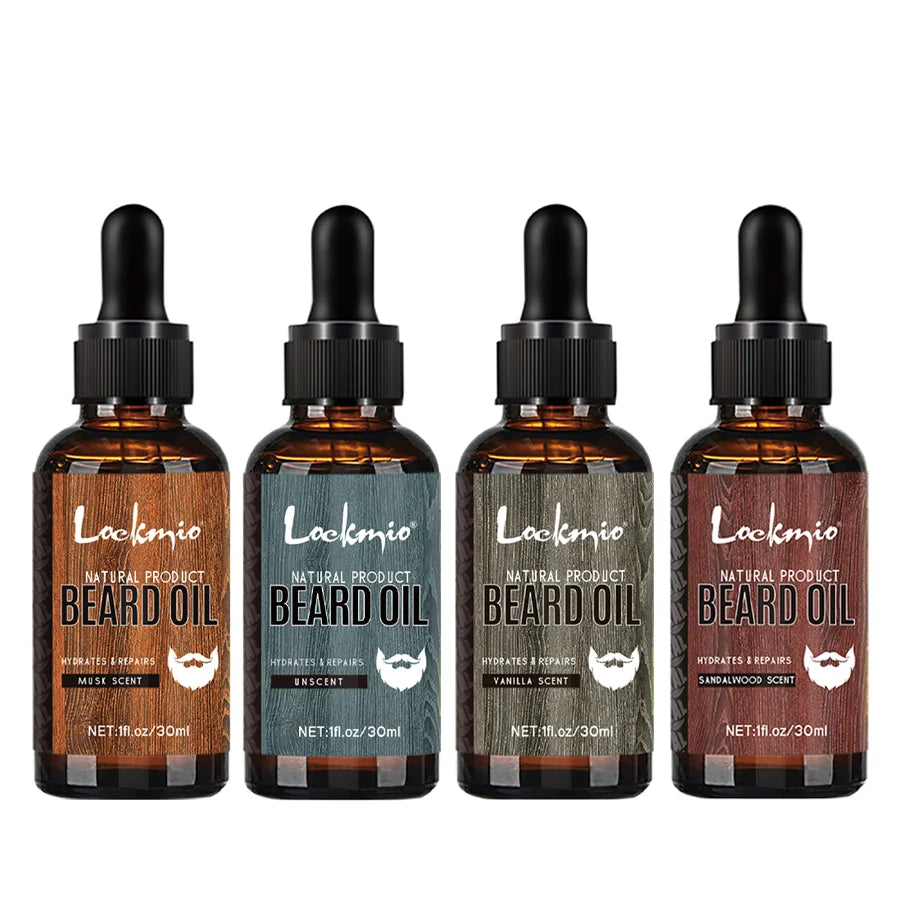Beard oil dropper bottles in several varieties