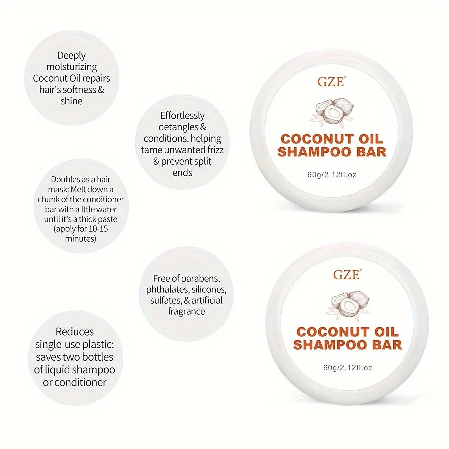 Coconut oil shampoo bar with hair and ingredient graphics
