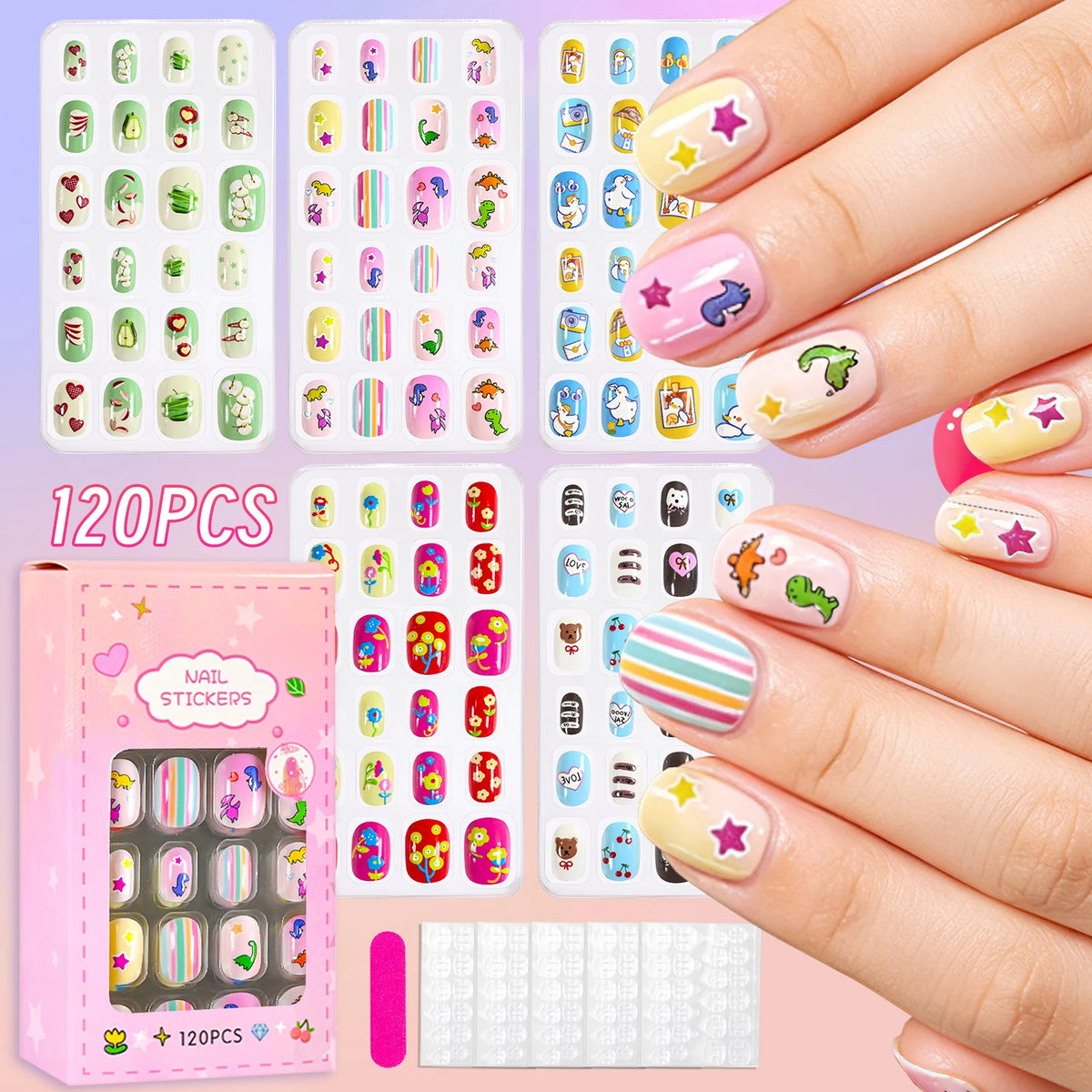 Assorted colorful press-on nails with packaging and manicure accessories