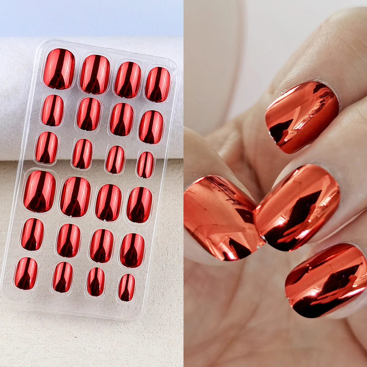 Chrome press-on nail shade shown in a set and on a hand