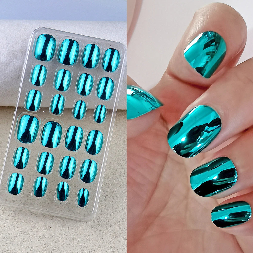 Chrome press-on nail shade shown in a set and on a hand