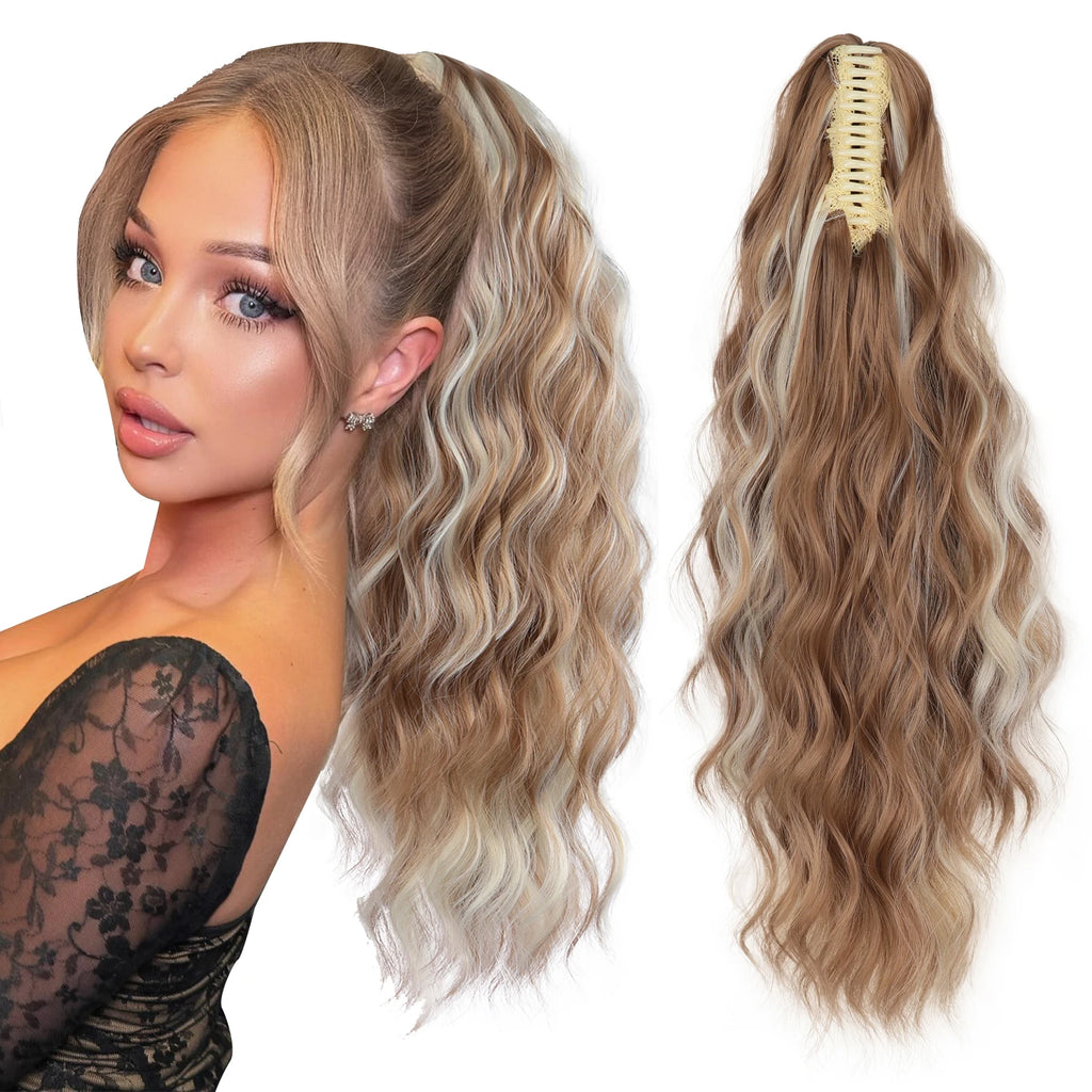 Wavy ponytail extension color shown with styling example