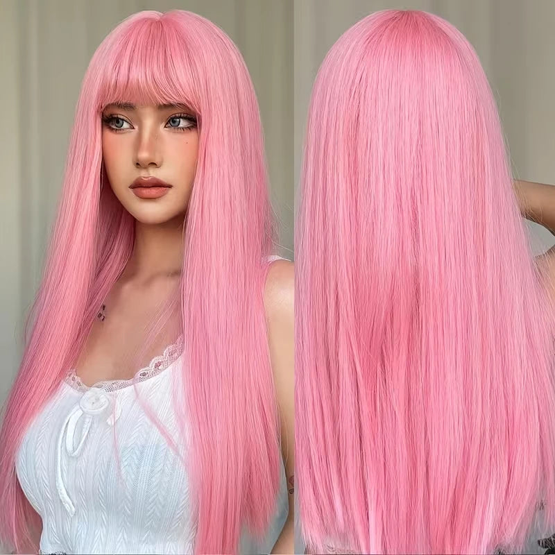 Long straight wig with bangs shown on a model and mannequin