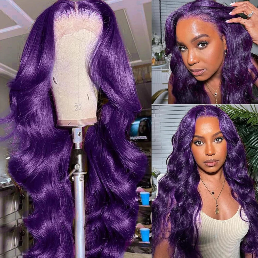 Long purple wavy wig with styling examples