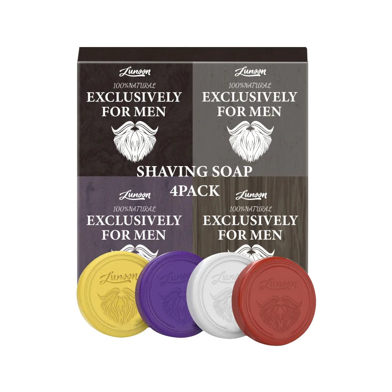 Round shaving soap bars beside their boxes