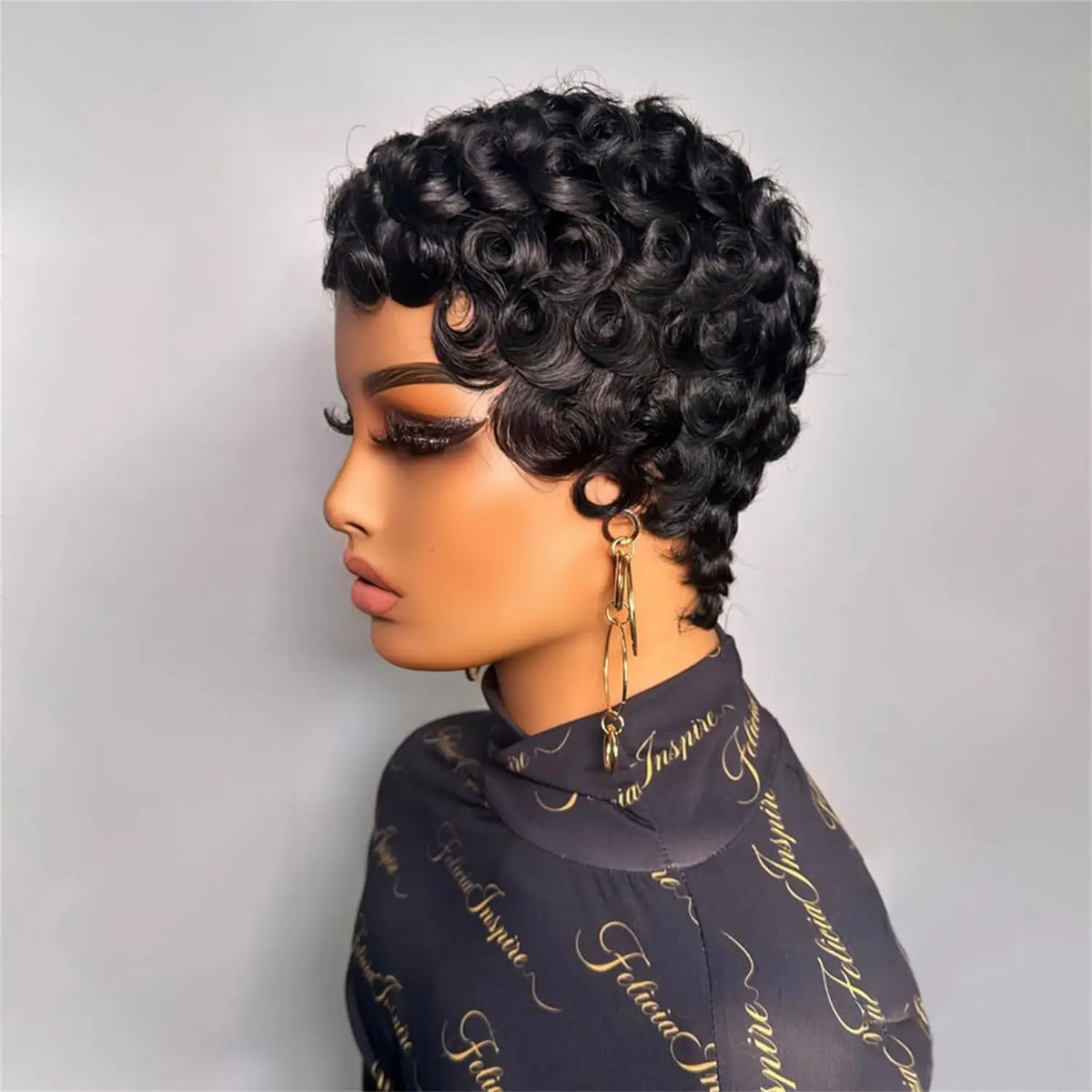 Short curly wig shown from different angles