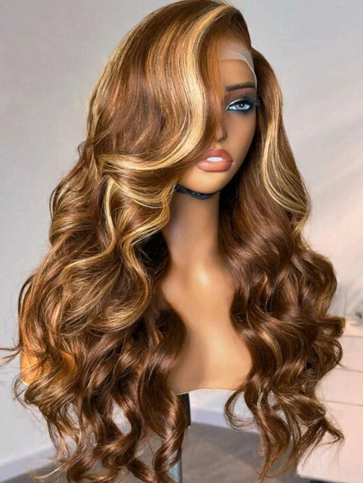 Long highlighted brown wavy wig shown from different angles