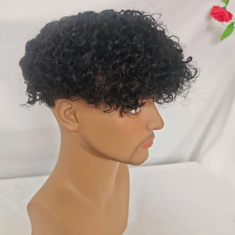 Curly hair toupee showing curl texture and base