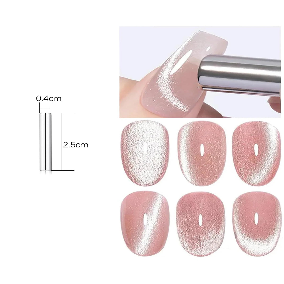 Pink press-on nails with dimensions and application view