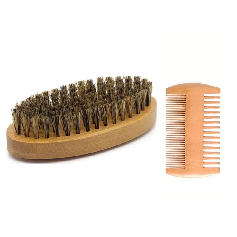 Wooden beard brush with grooming accessories