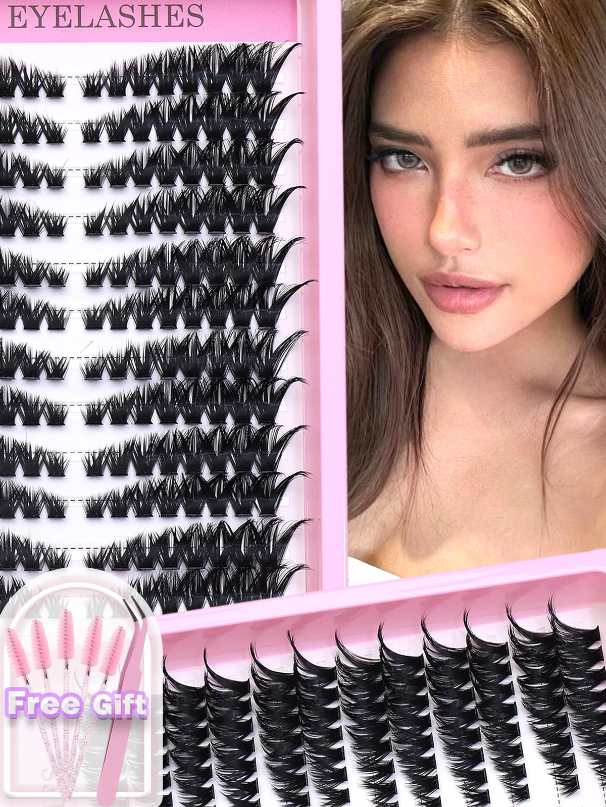 False eyelash clusters arranged in rows in a tray