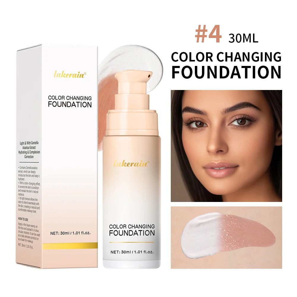 Foundation bottle and box with shade and makeup example