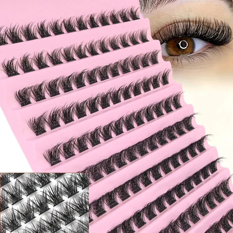 False eyelash clusters in trays with lash application examples