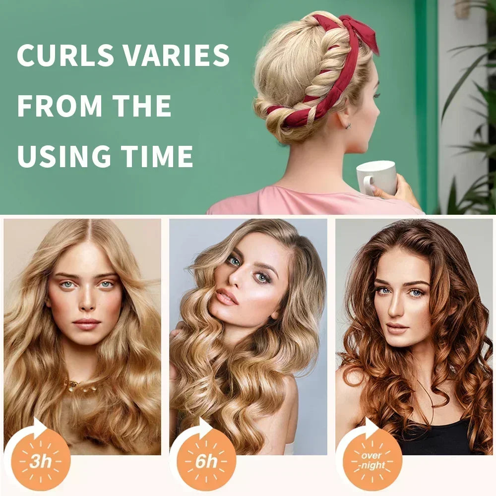 Heatless curling ribbon with styling examples and use information