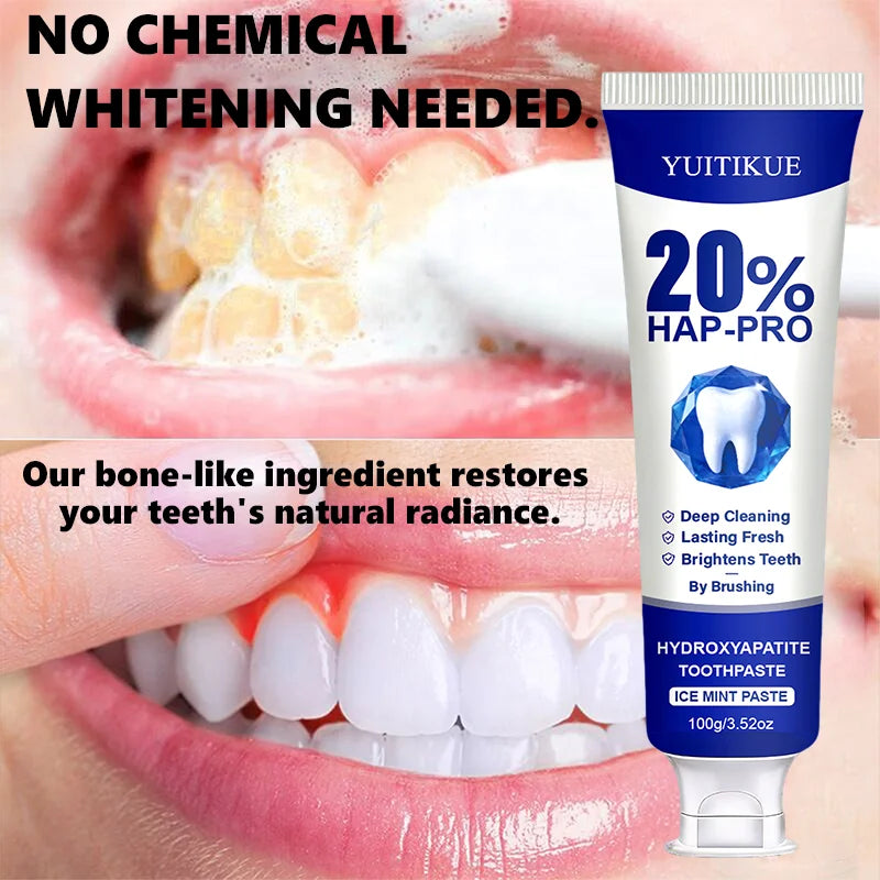 Hydroxyapatite toothpaste tube with smile and tooth care graphics