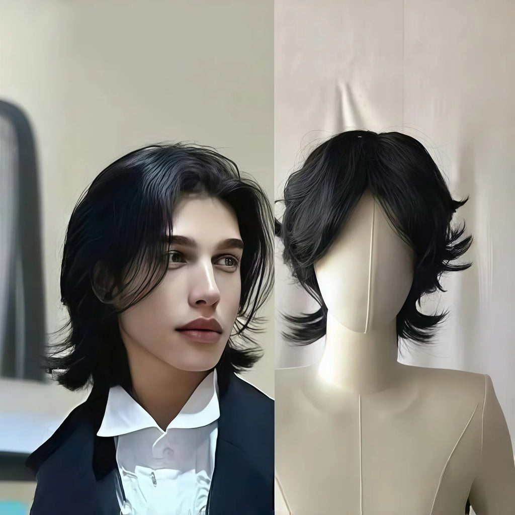 Short layered dark wig with front and side views