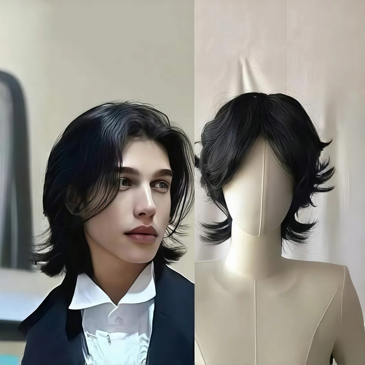 Short layered dark wig with front and side views
