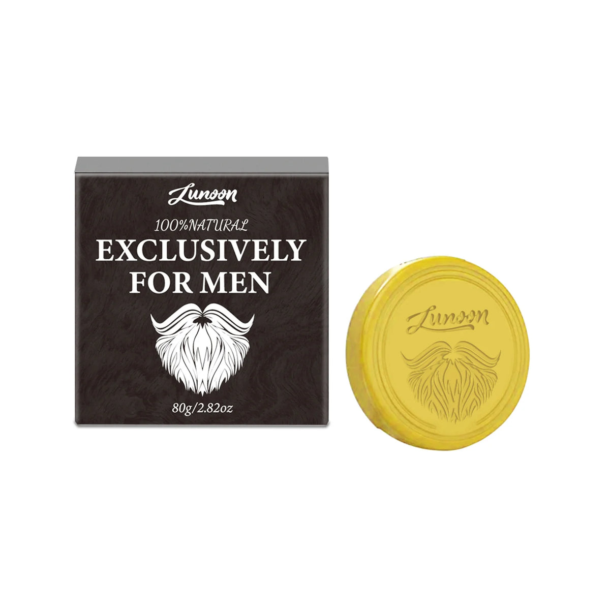 Yellow shaving soap bar beside its black box