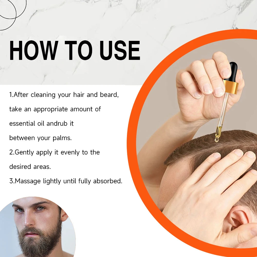 Men's care oil bottle with grooming, ingredient and application graphics