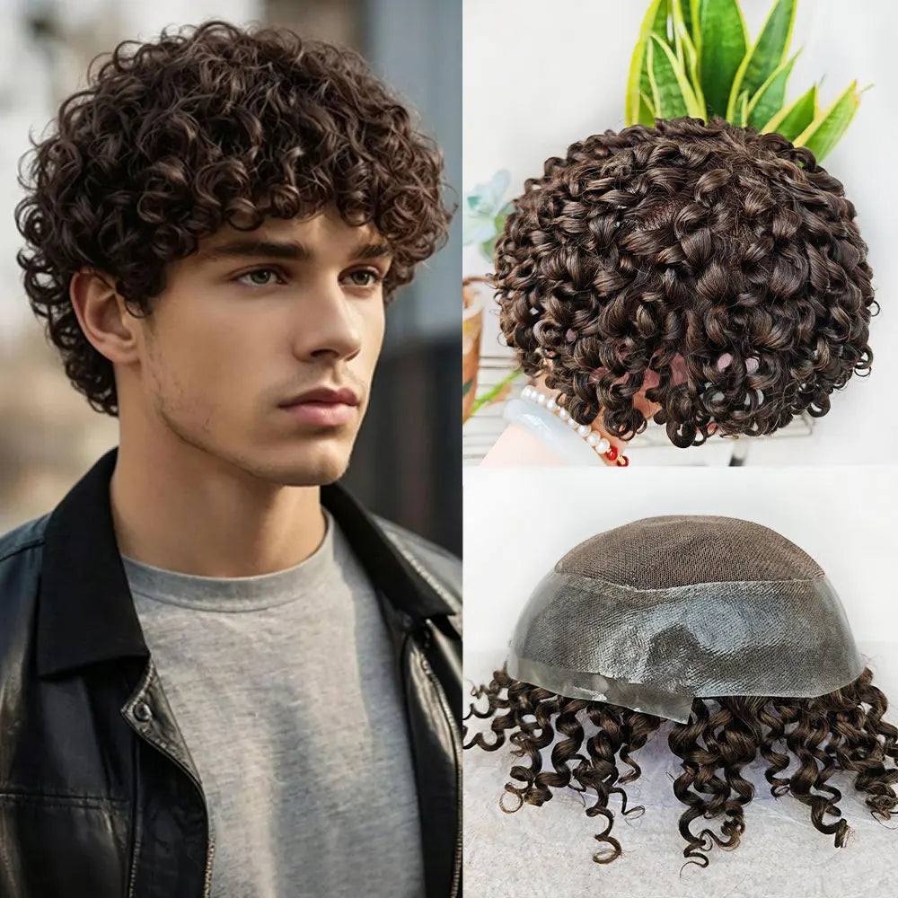Curly hair toupee with styled hair and base views