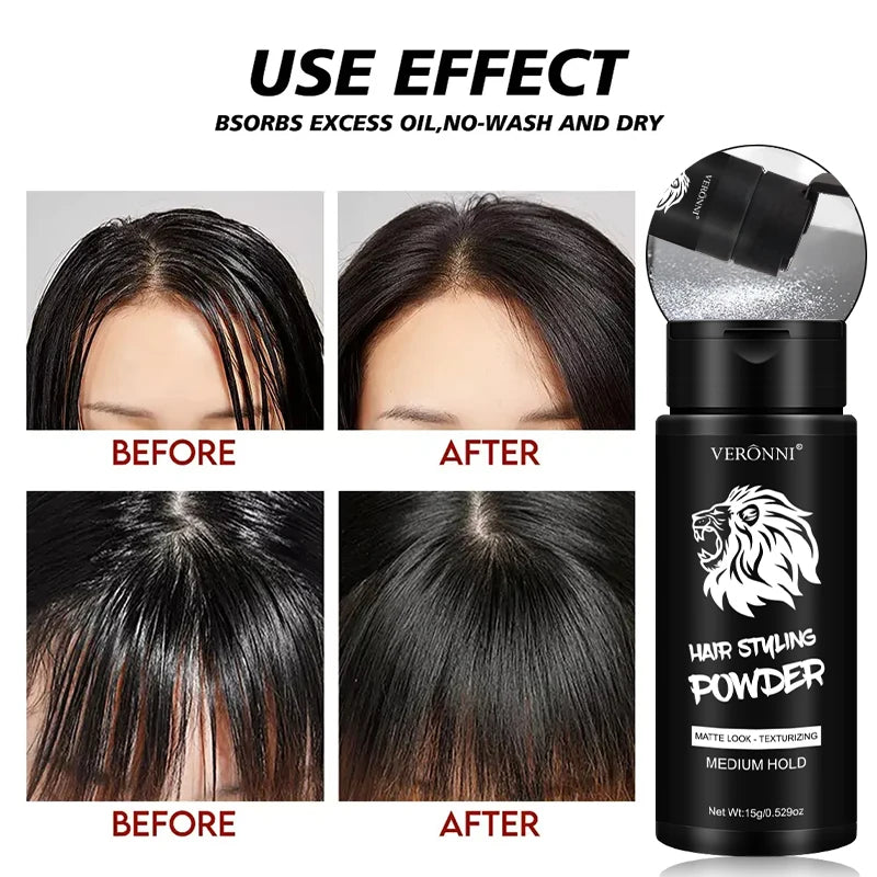 Hair styling powder with hairstyle and application examples