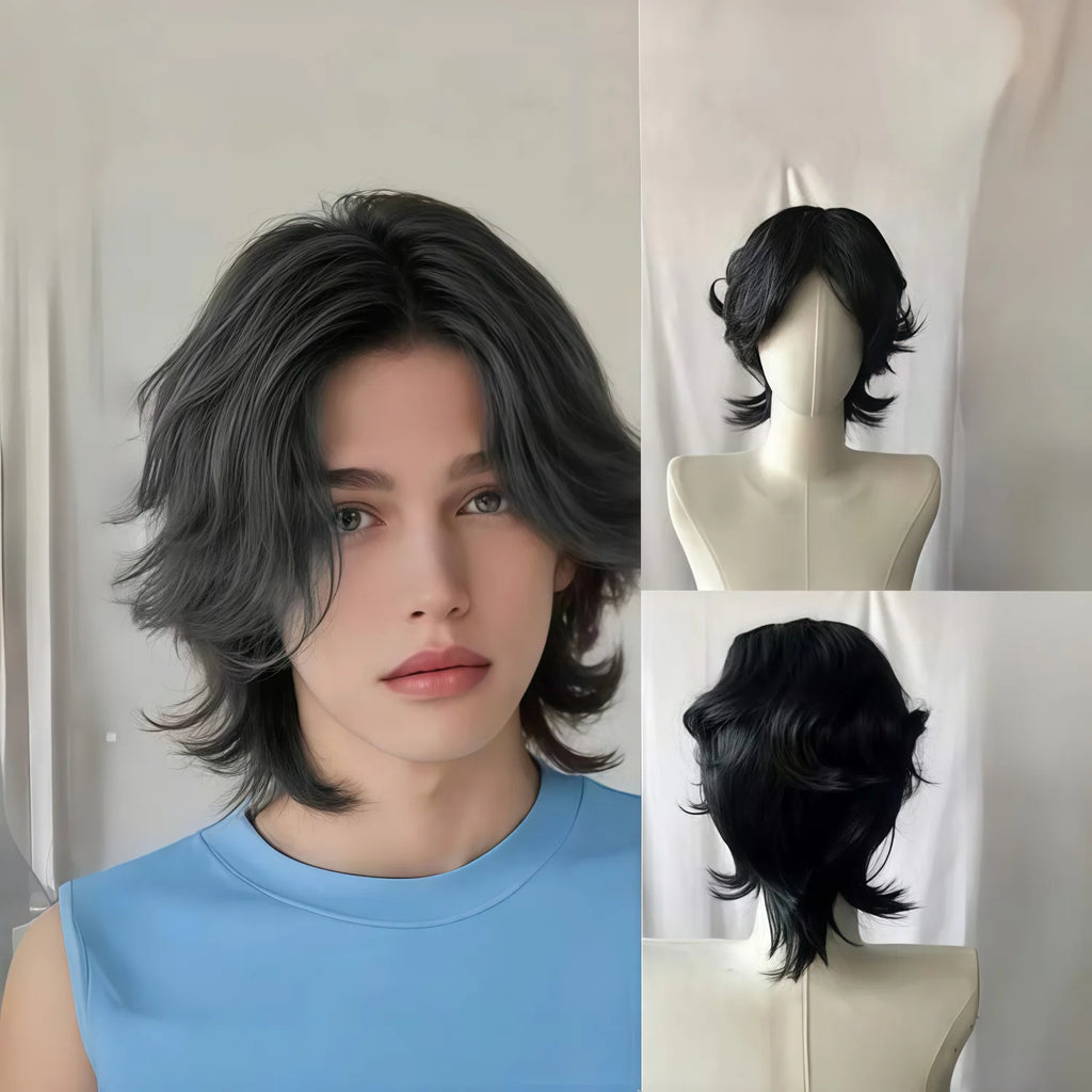 Short layered dark wig with front and side views