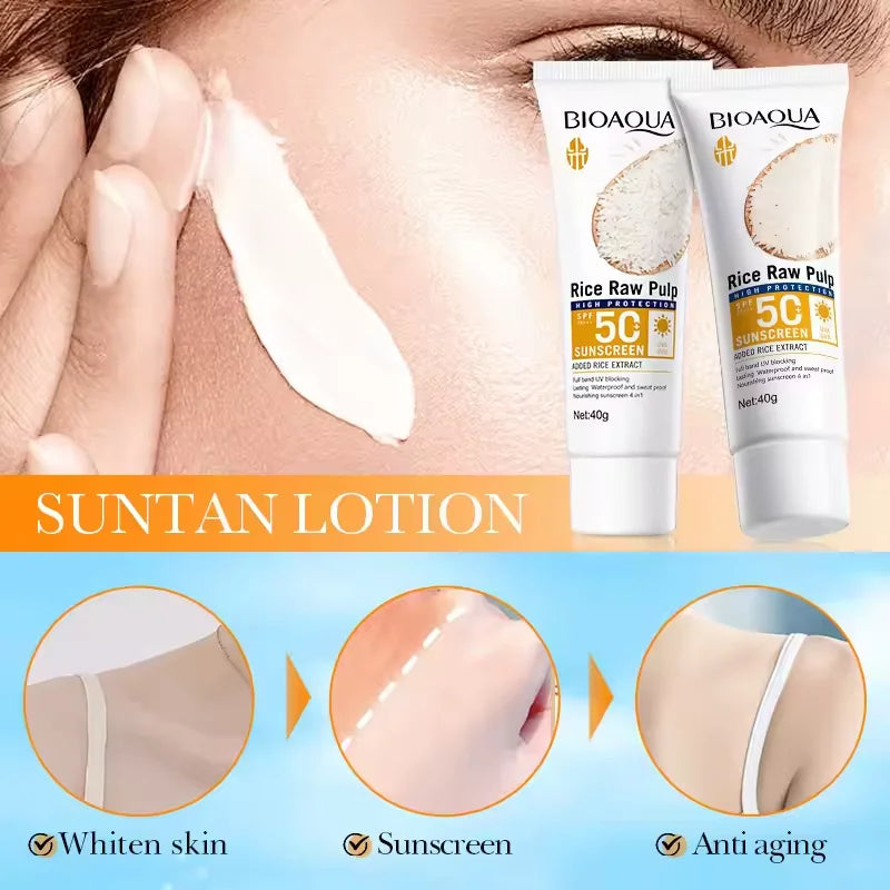 Sunscreen tube with skin application and promotional comparison images